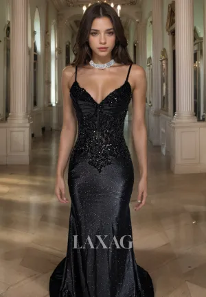 Spaghetti Straps Beaded Sequins Glitter Mermaid Party Prom Formal Evening Dress