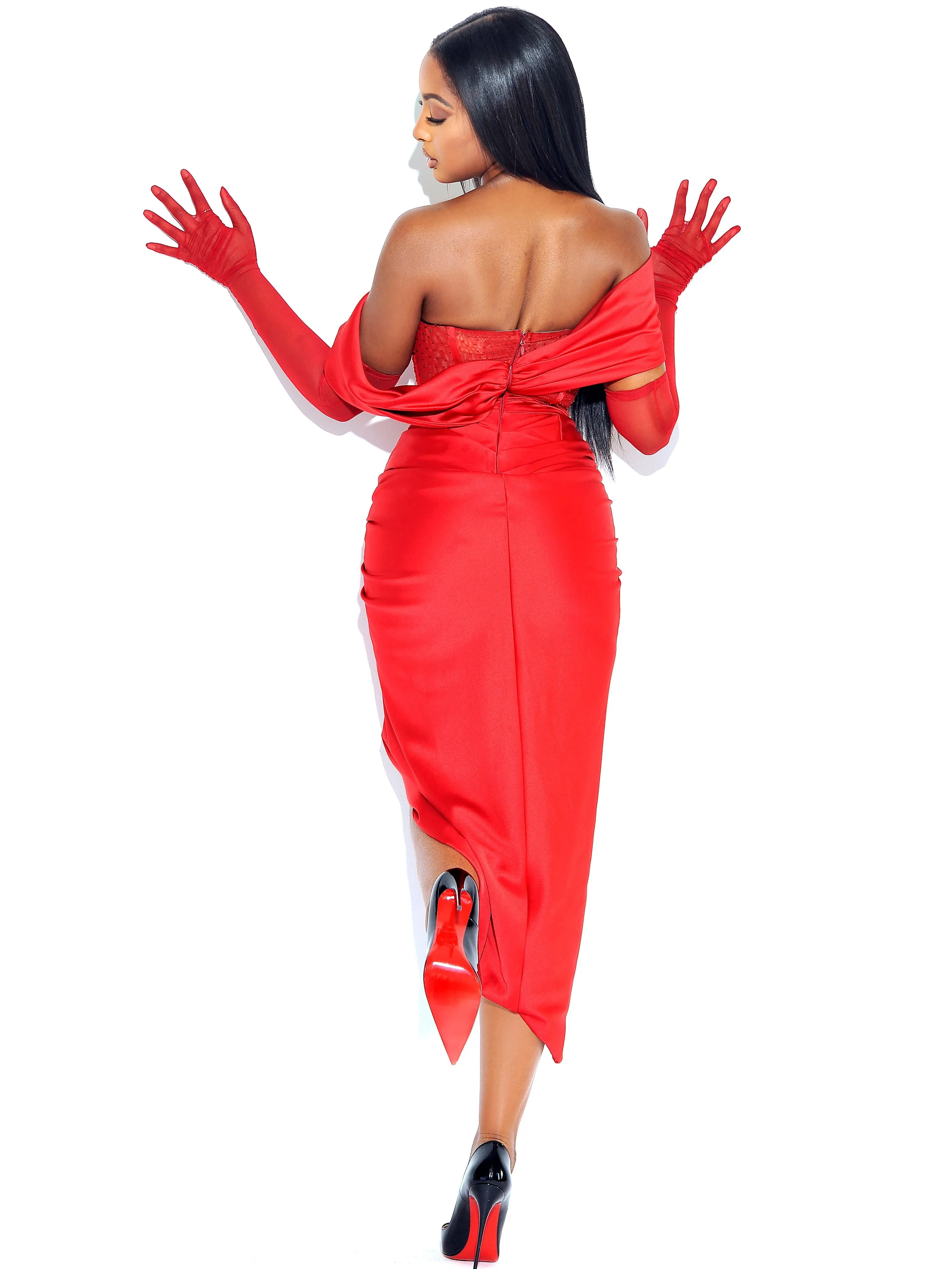 Stella Burgundy Off Shoulder Graceful Crystal Corset Satin Gown