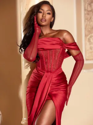 Stella Burgundy Off Shoulder Graceful Crystal Corset Satin Gown