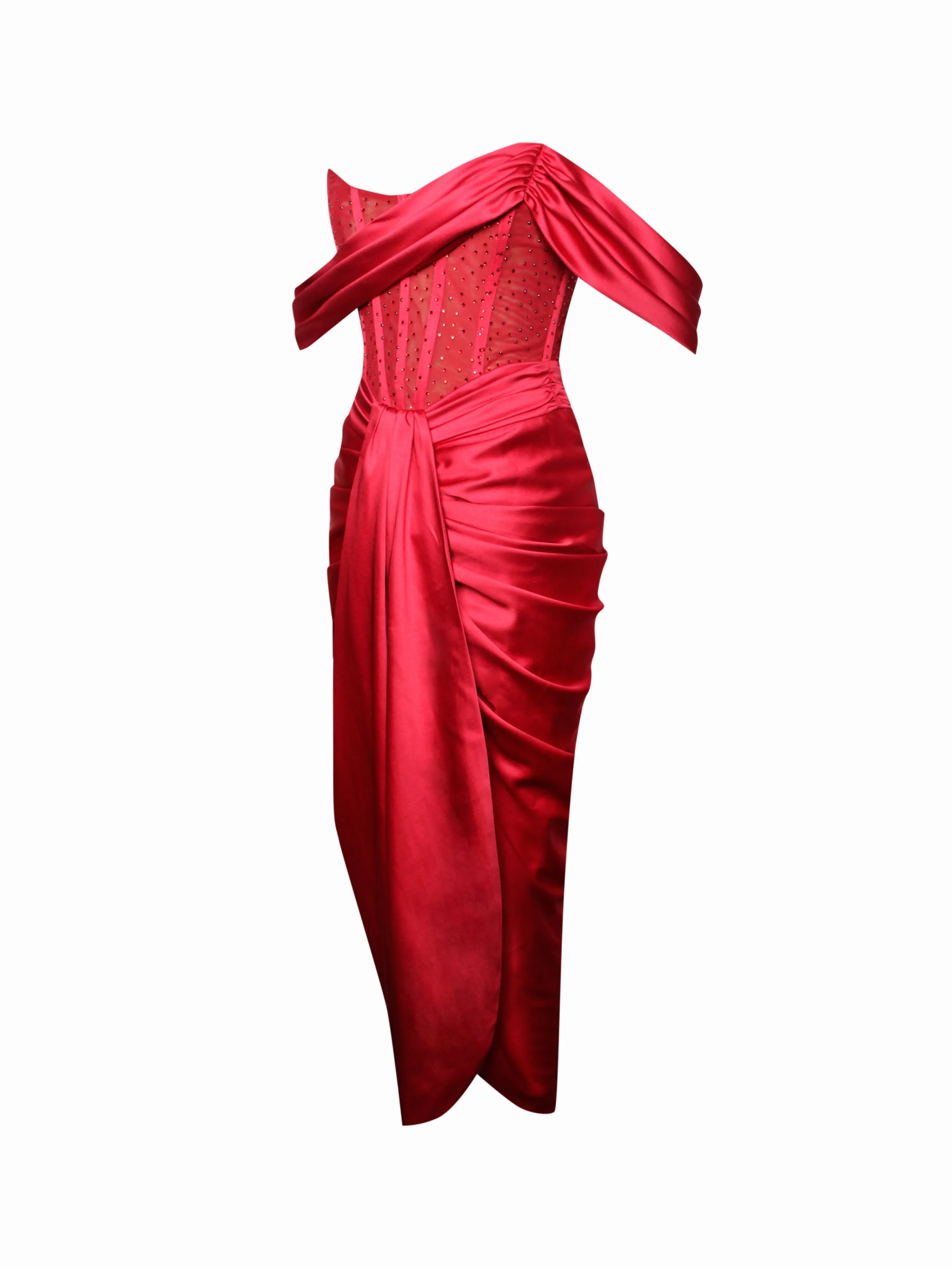Stella Burgundy Off Shoulder Graceful Crystal Corset Satin Gown
