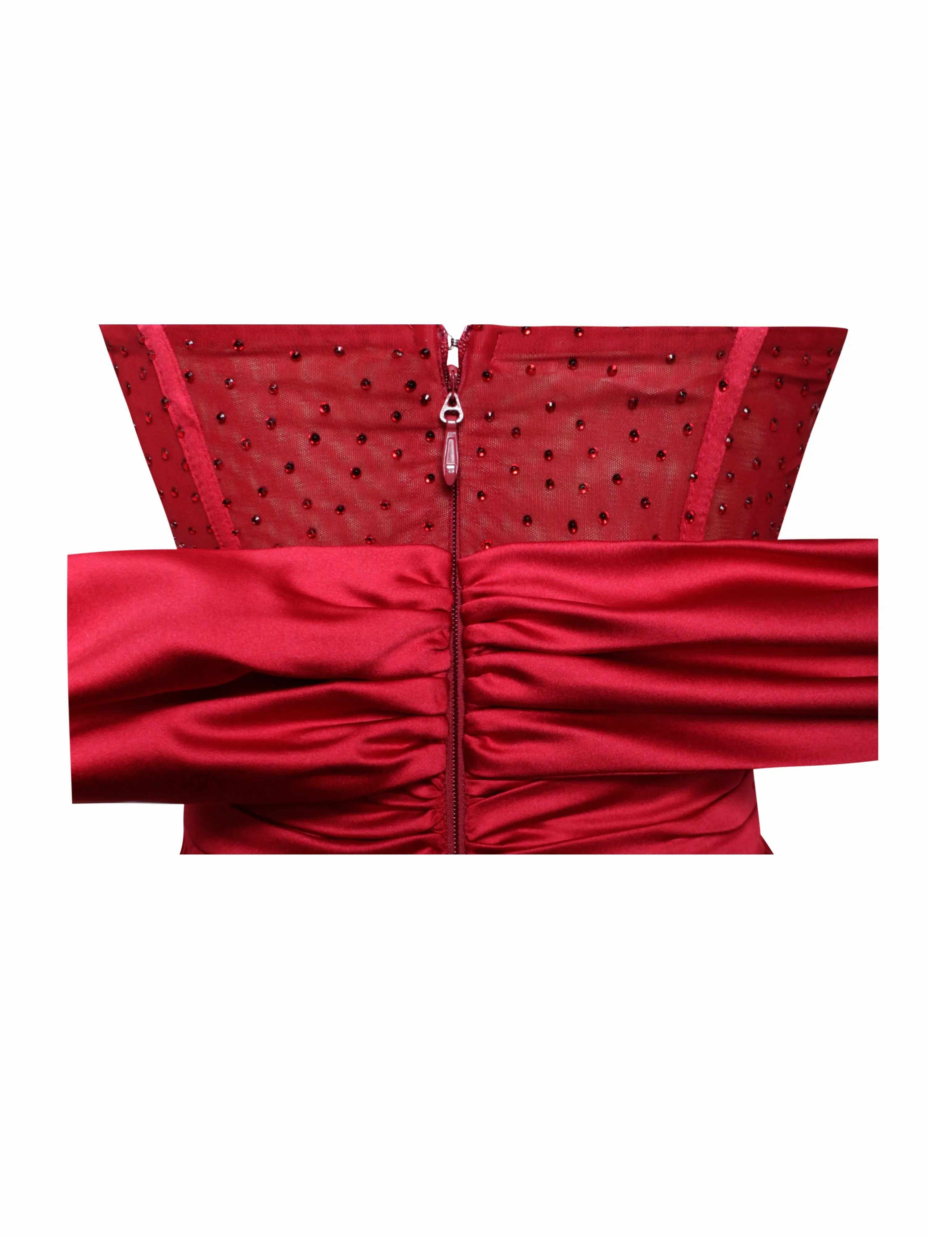 Stella Burgundy Off Shoulder Graceful Crystal Corset Satin Gown