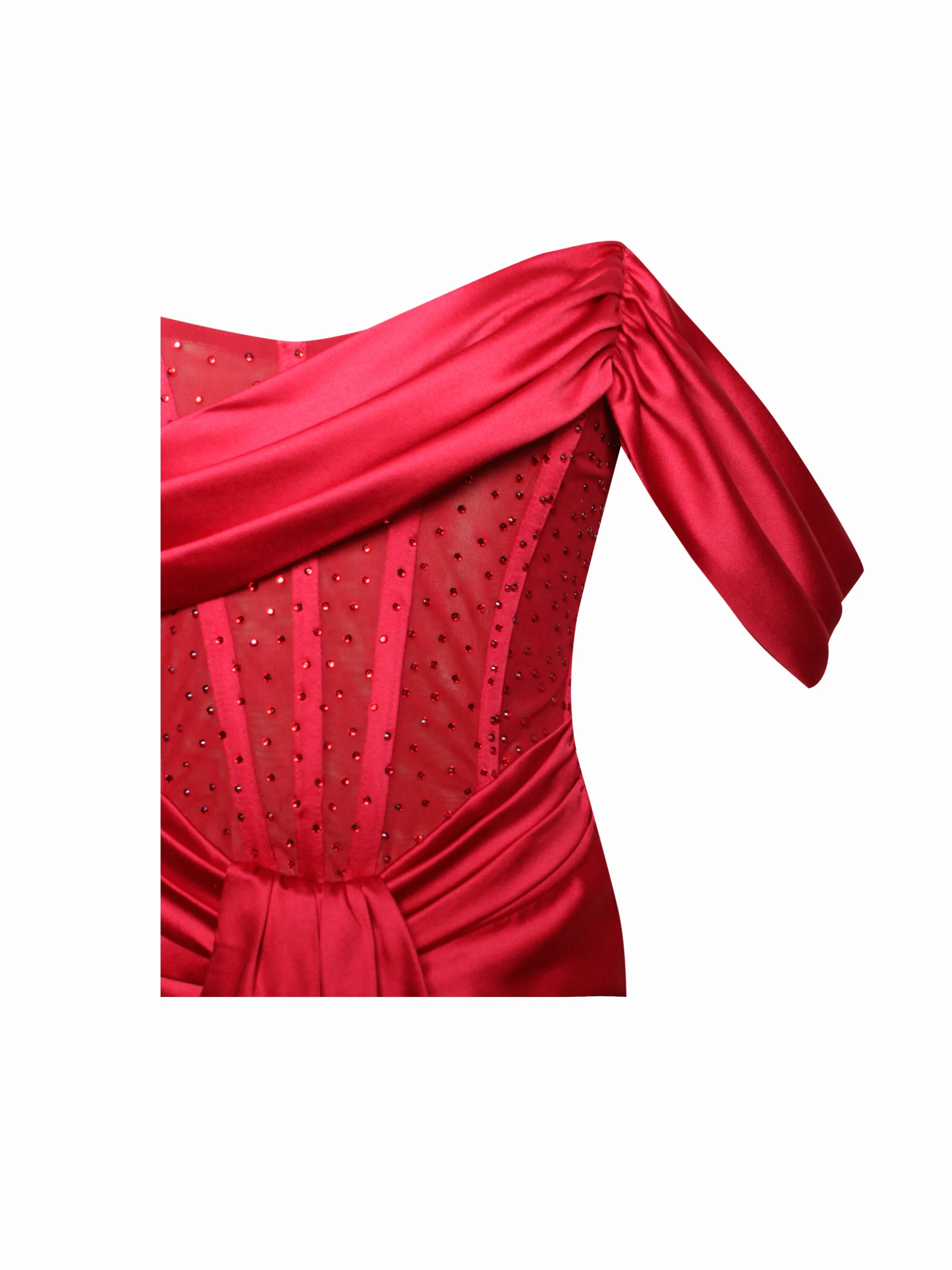 Stella Burgundy Off Shoulder Graceful Crystal Corset Satin Gown