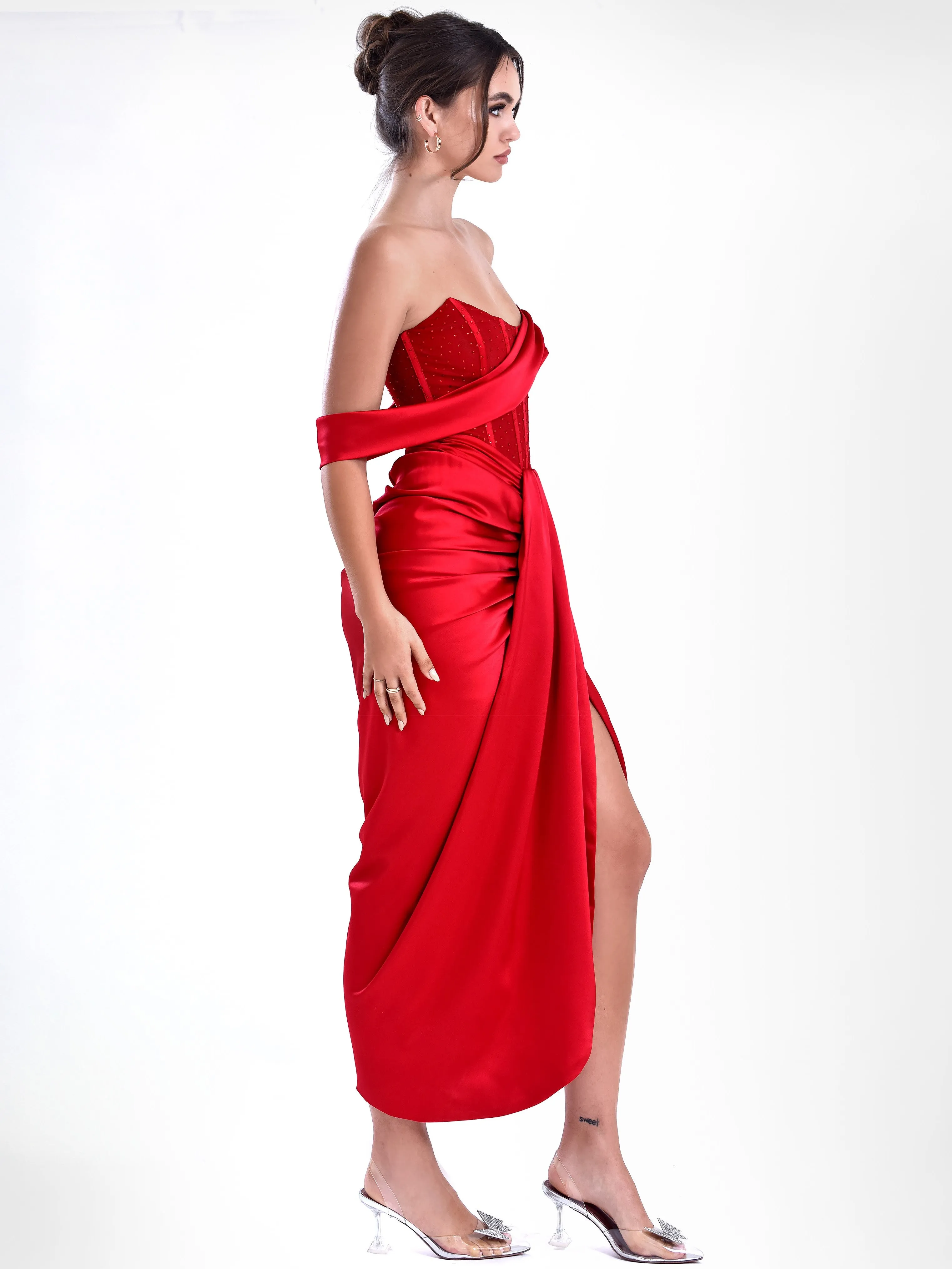 Stella Burgundy Off Shoulder Graceful Crystal Corset Satin Gown