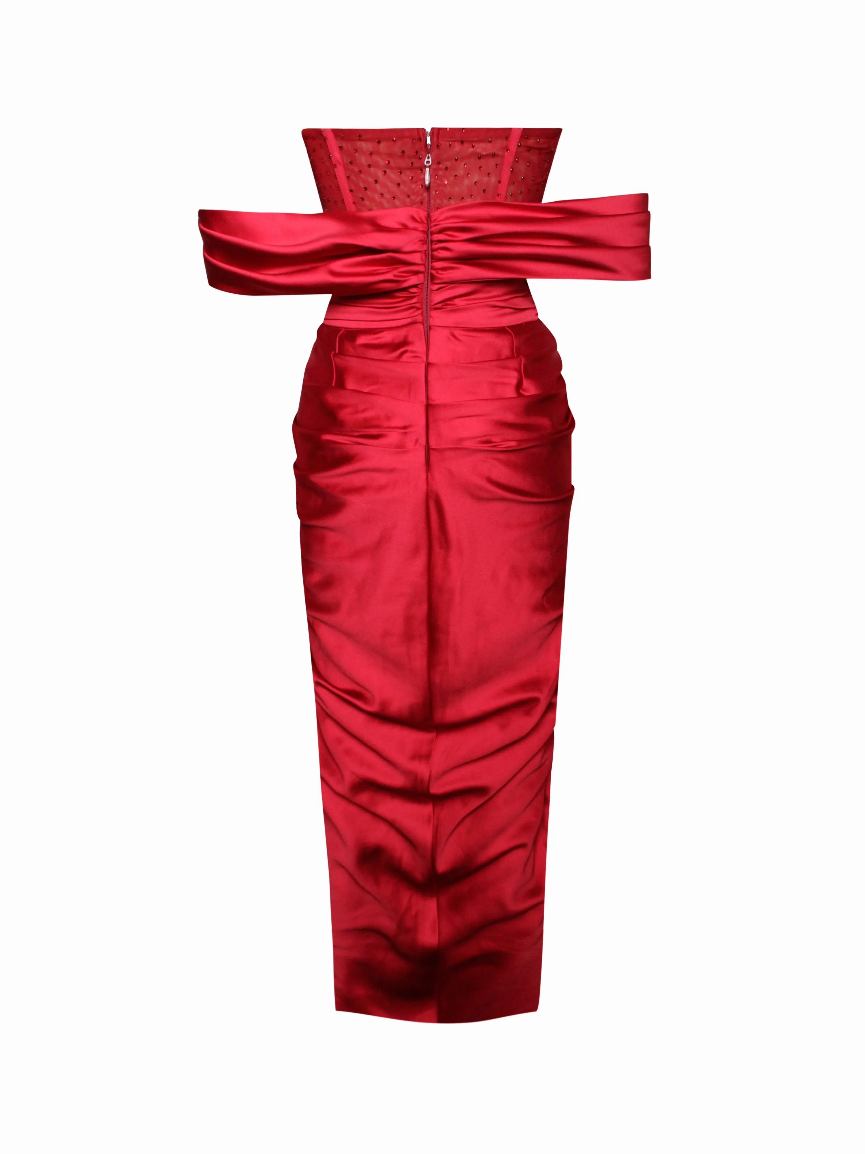 Stella Burgundy Off Shoulder Graceful Crystal Corset Satin Gown
