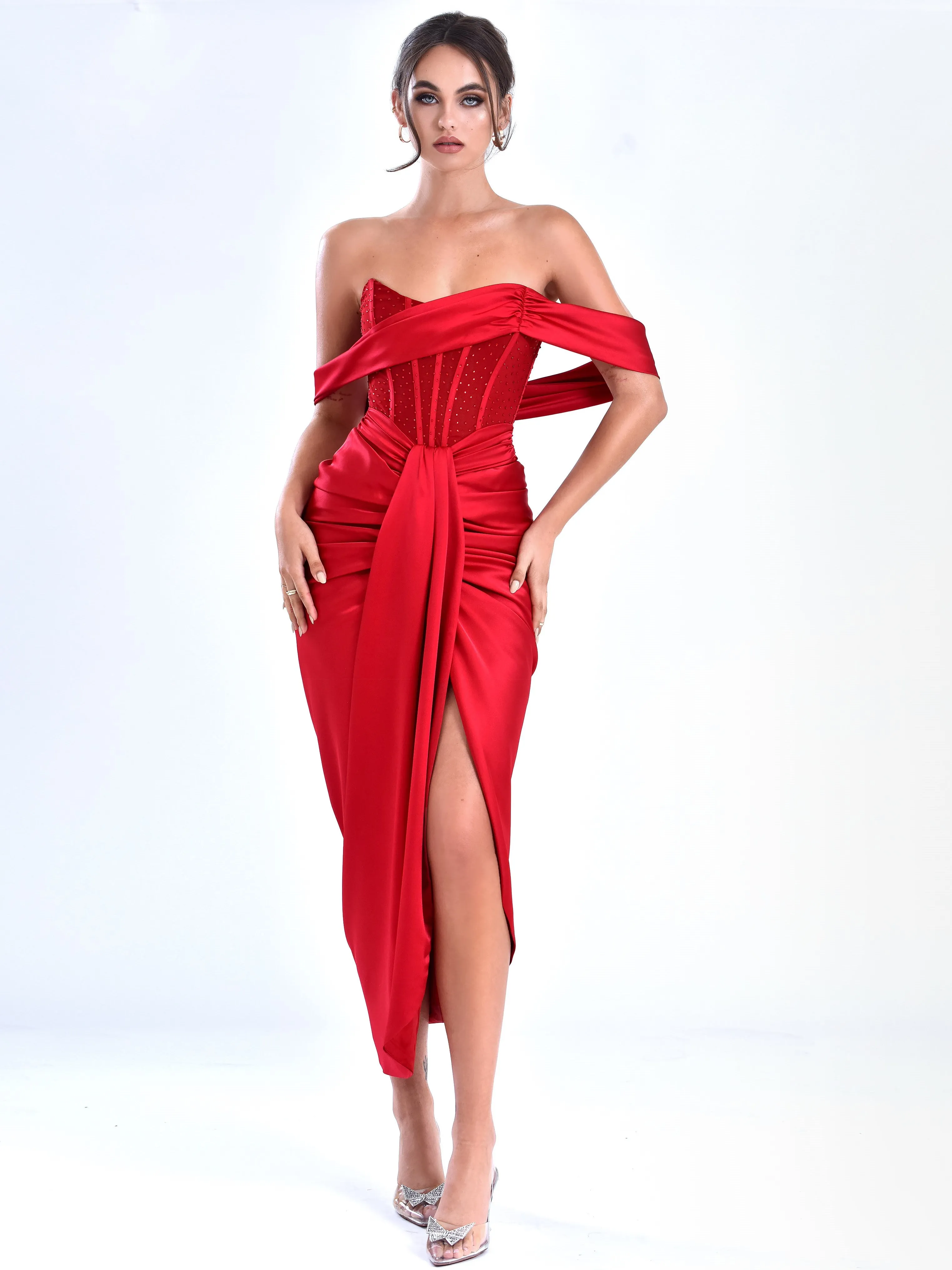Stella Burgundy Off Shoulder Graceful Crystal Corset Satin Gown