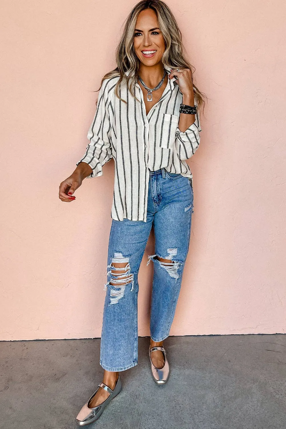 Stripe Buttoned Oversized Shirt