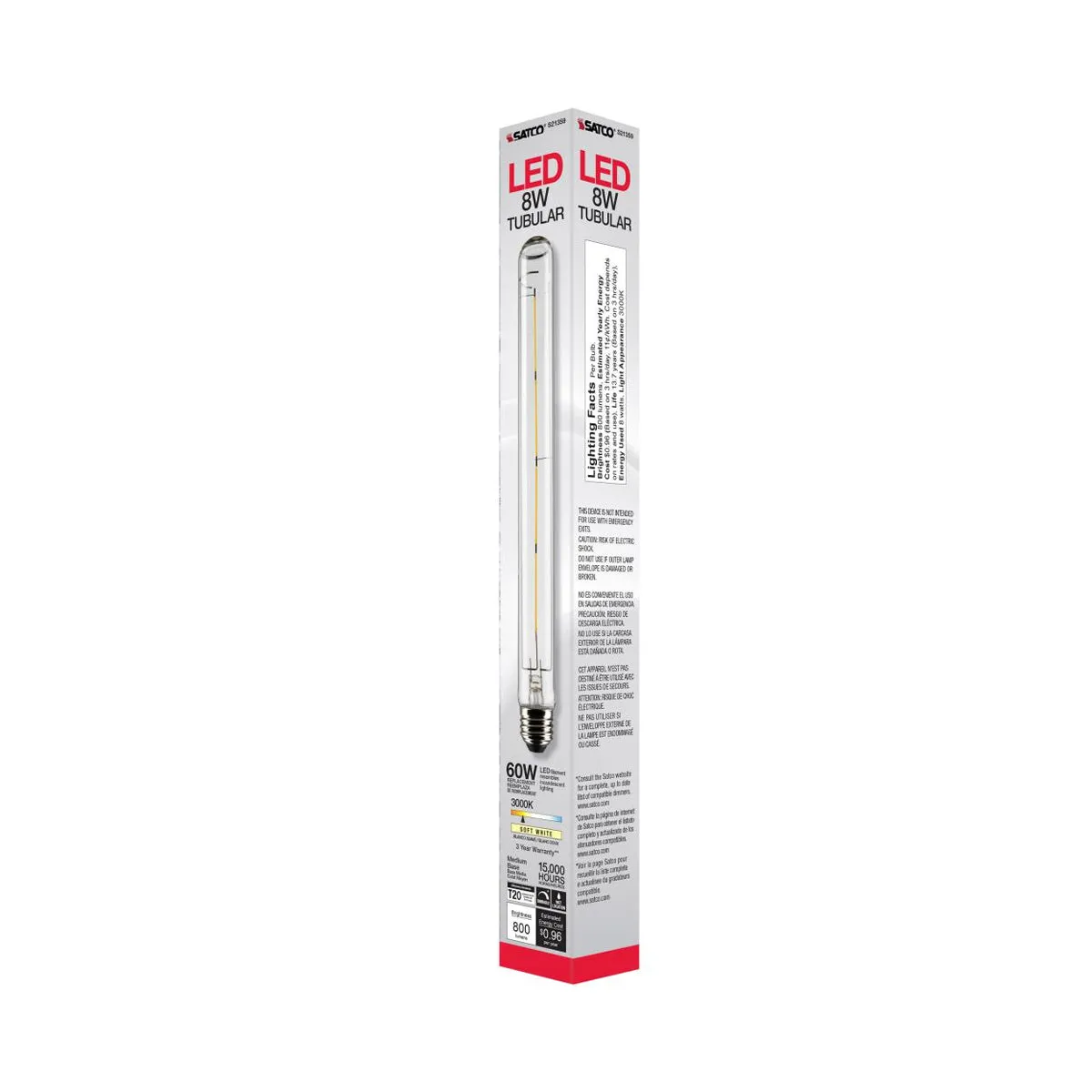 T9 LED Single Tube Bulb, 8W, 800 Lumens, 3000K, 60W Equal, E26 Medium, Clear Finish