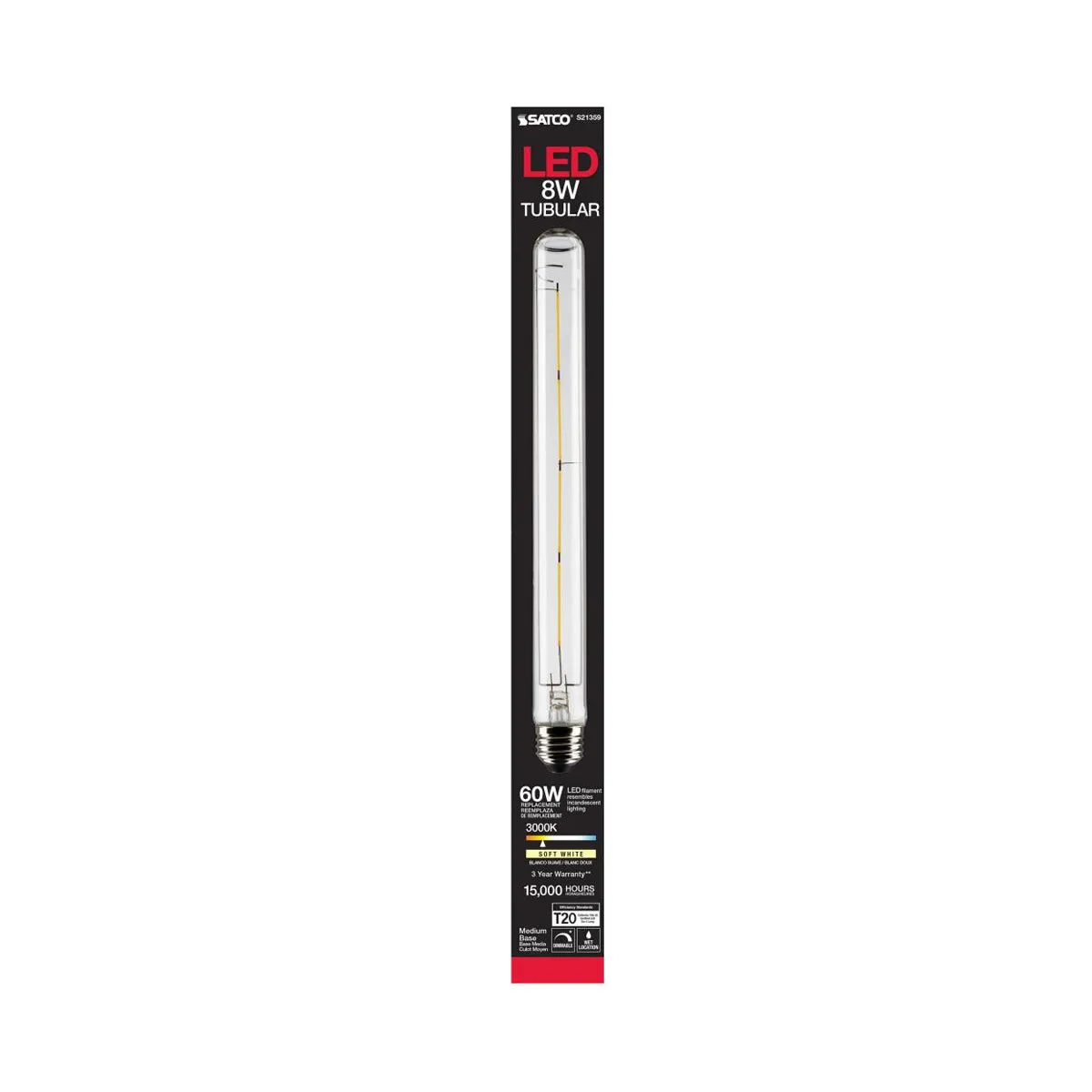 T9 LED Single Tube Bulb, 8W, 800 Lumens, 3000K, 60W Equal, E26 Medium, Clear Finish