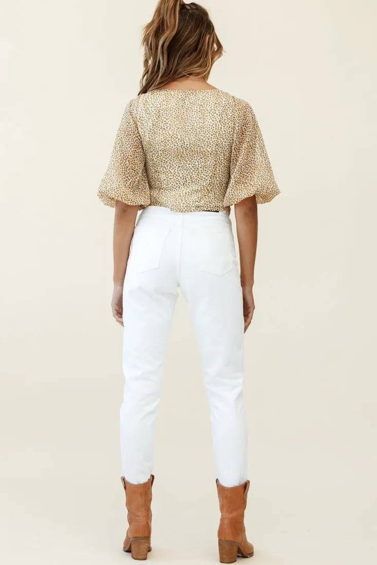 Taz Puff Sleeve Tie Front Top Leopard Print Mustard
