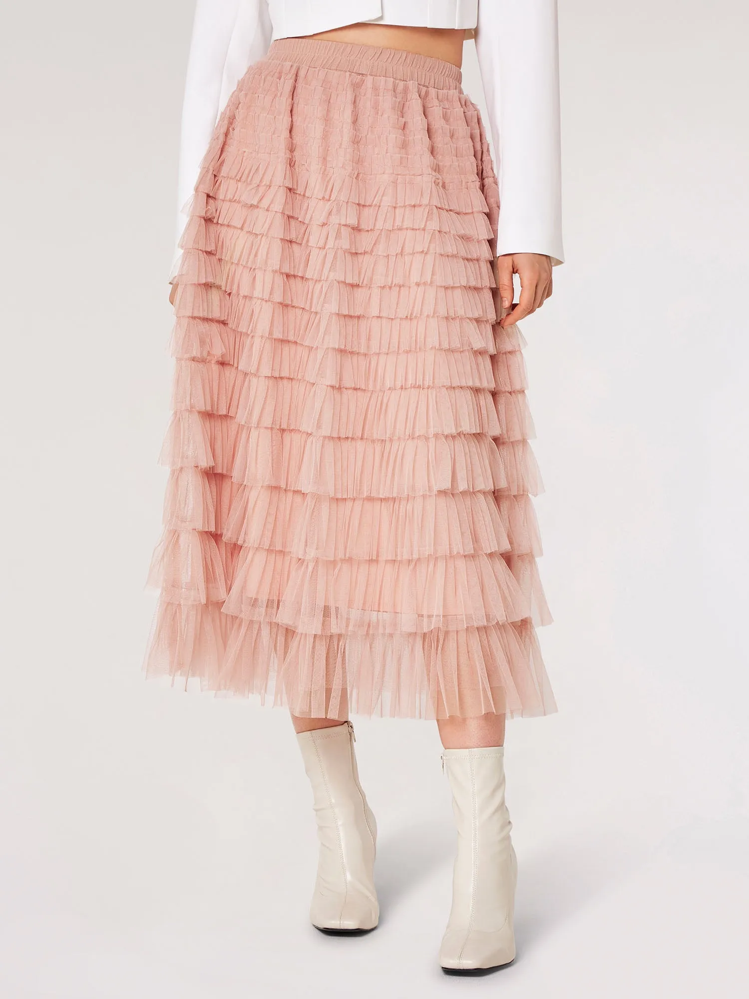 Tulle Ruffle Tiered Midi Skir