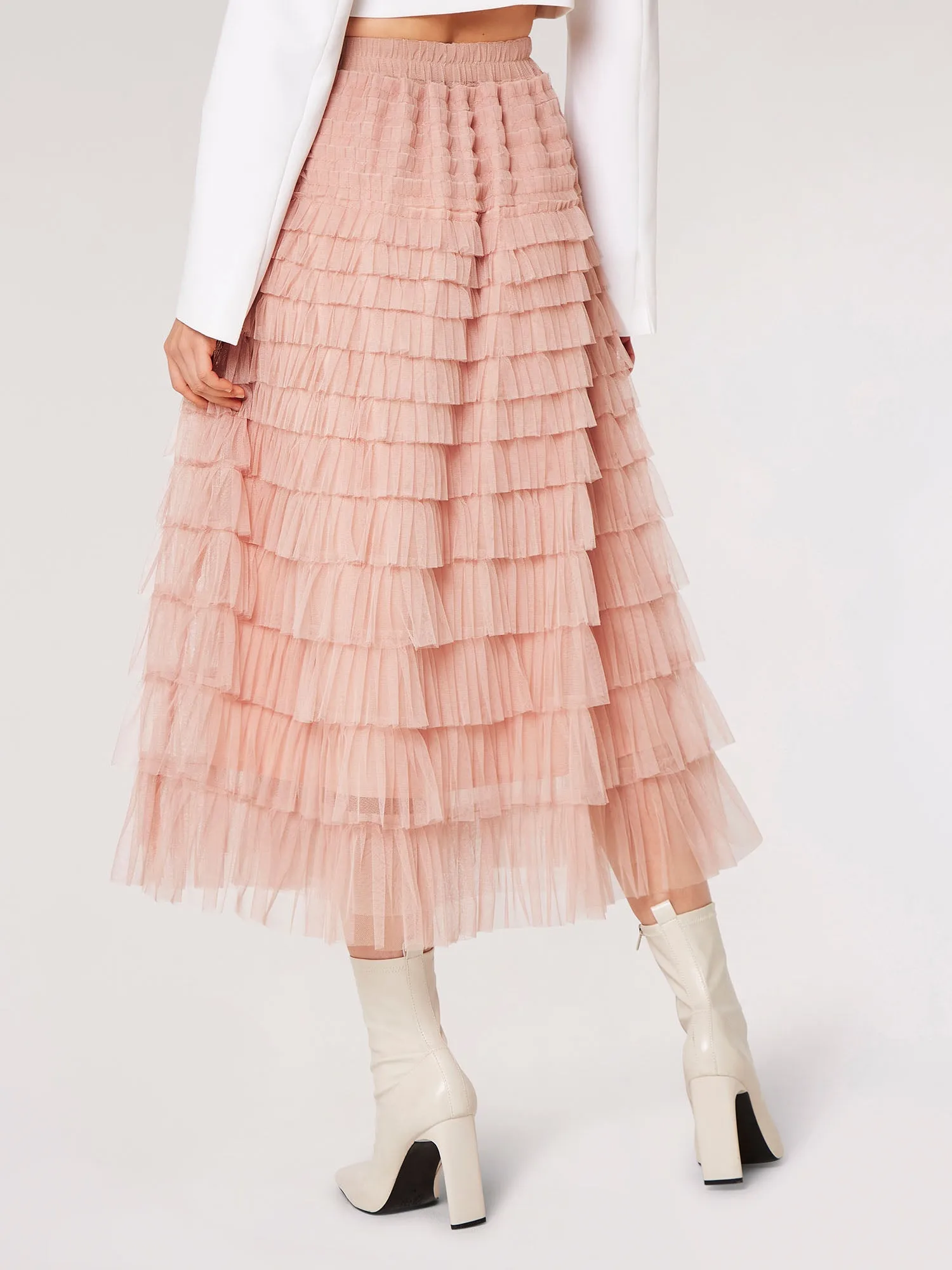 Tulle Ruffle Tiered Midi Skir