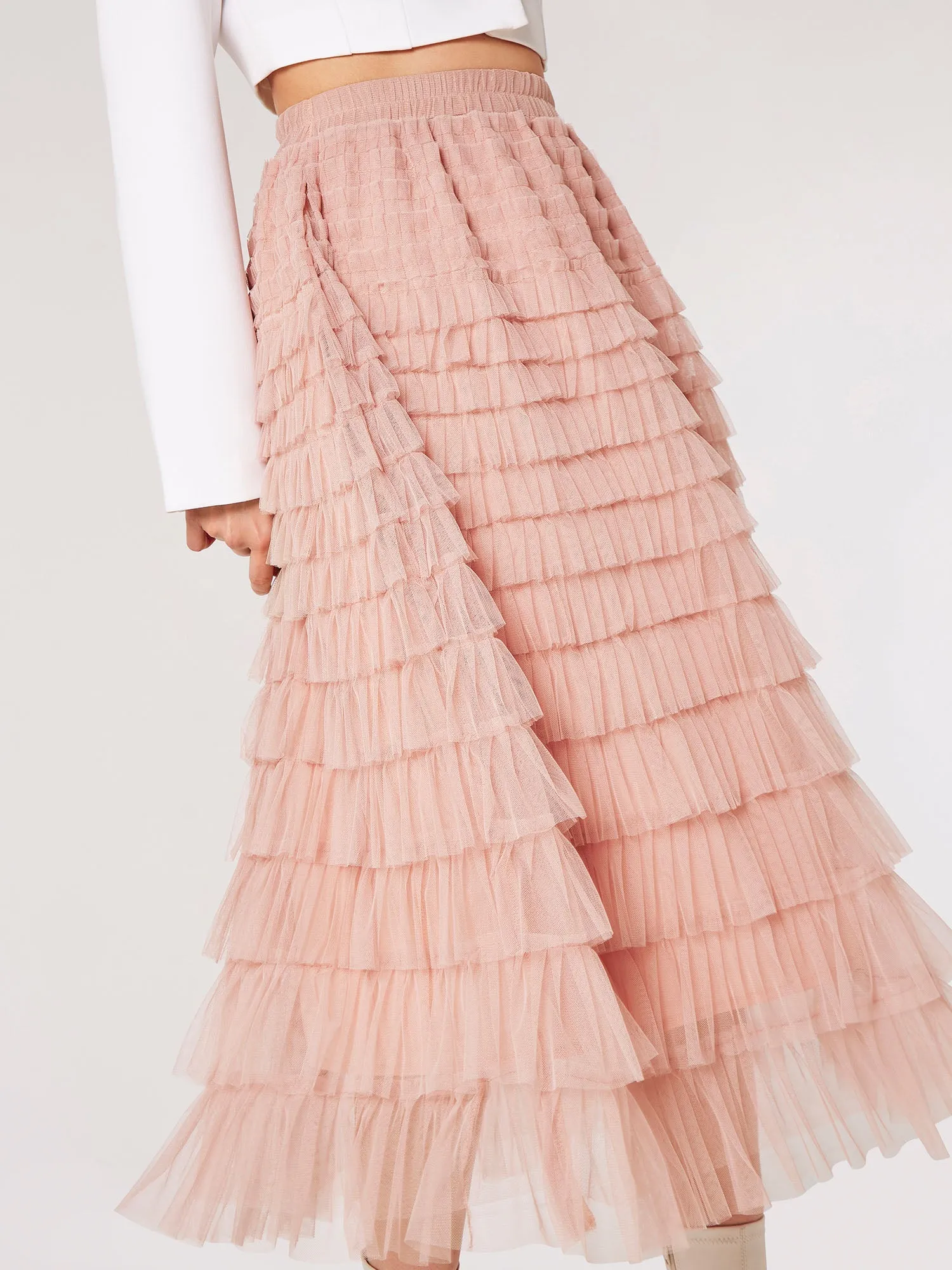 Tulle Ruffle Tiered Midi Skir