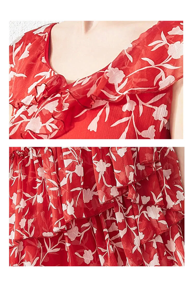 V-neck Ruffled Floral Chiffon Midi Dress