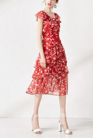 V-neck Ruffled Floral Chiffon Midi Dress
