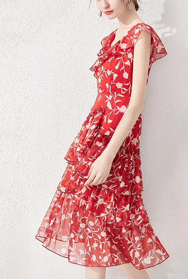V-neck Ruffled Floral Chiffon Midi Dress