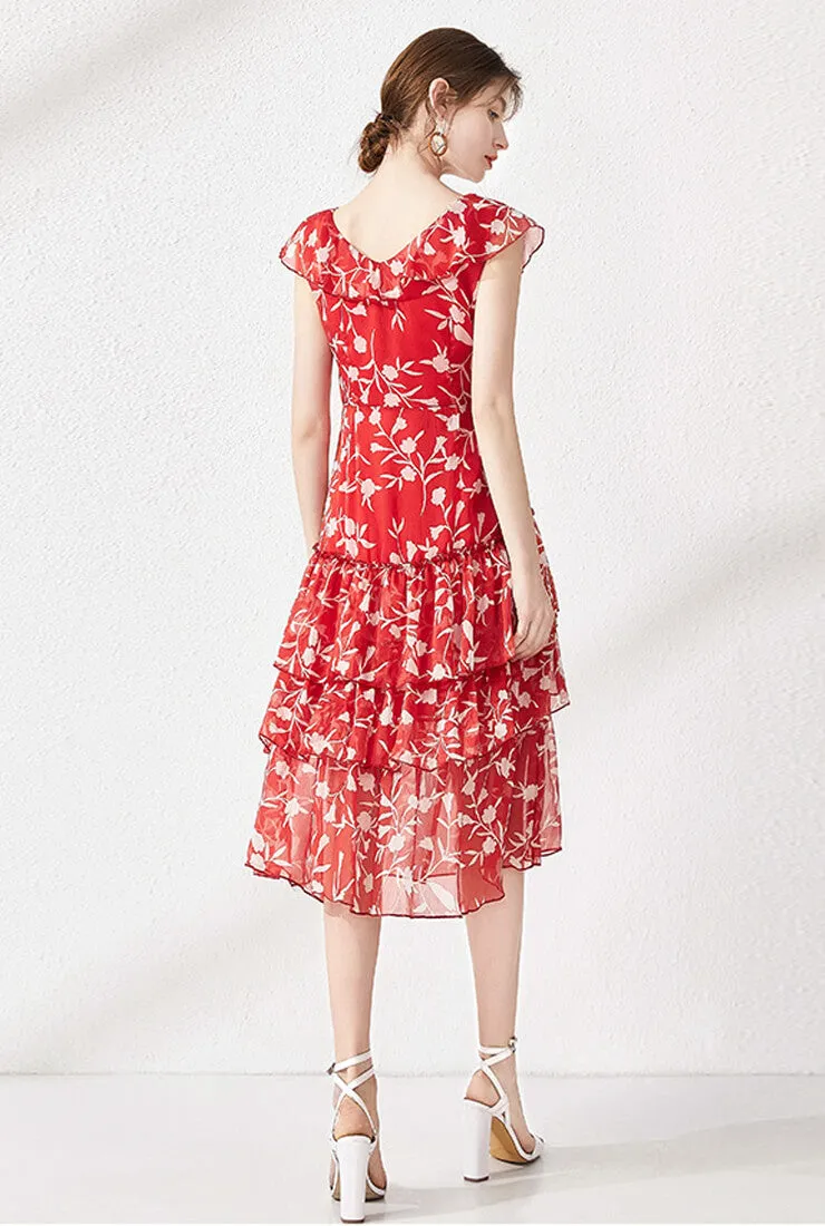 V-neck Ruffled Floral Chiffon Midi Dress