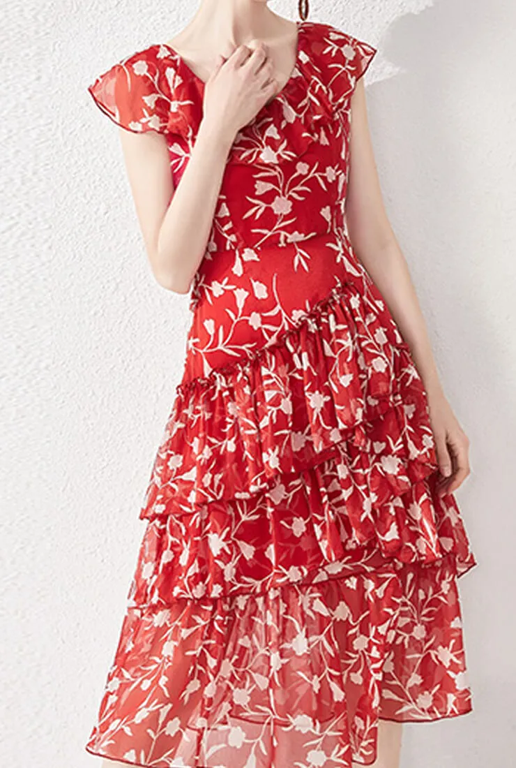 V-neck Ruffled Floral Chiffon Midi Dress