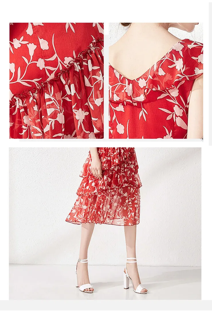 V-neck Ruffled Floral Chiffon Midi Dress