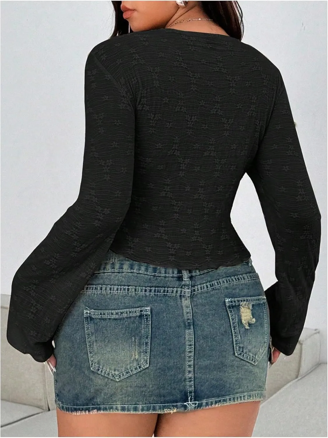 Women's Y2K Plus Size Floral Print Tee Shirts Lettuce Trim Tie Front Bell Long Sleeve Mesh Crop Tee Tops